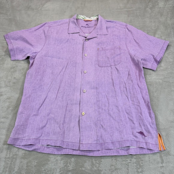 Tommy Bahama Other - Tommy Bahama Mens Large Purple 100% Linen Short Sleeve Button Front Shirt Logo